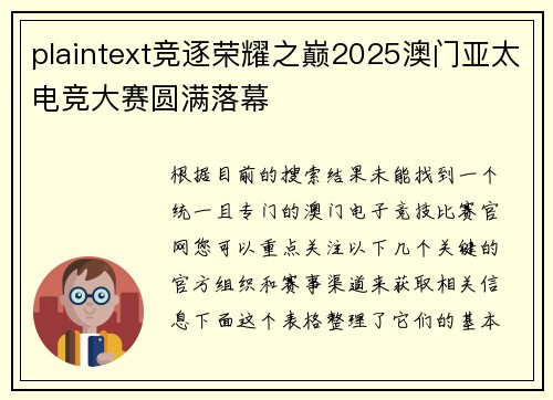 plaintext竞逐荣耀之巅2025澳门亚太电竞大赛圆满落幕